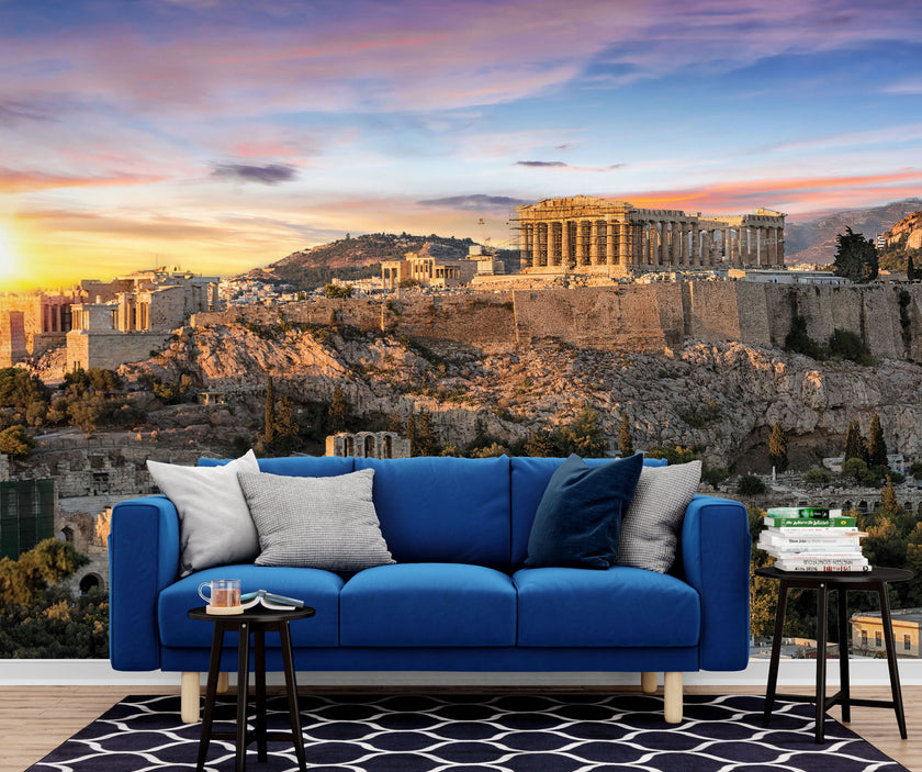 GM0130 Grace & Gardenia Parthenon Premium Peel and Stick Mural 13ft. wide x 10ft. height, Blue Yellow Green Cream