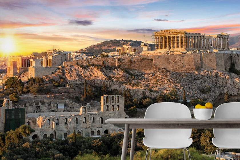 GM0130 Grace & Gardenia Parthenon Premium Peel and Stick Mural 13ft. wide x 10ft. height, Blue Yellow Green Cream