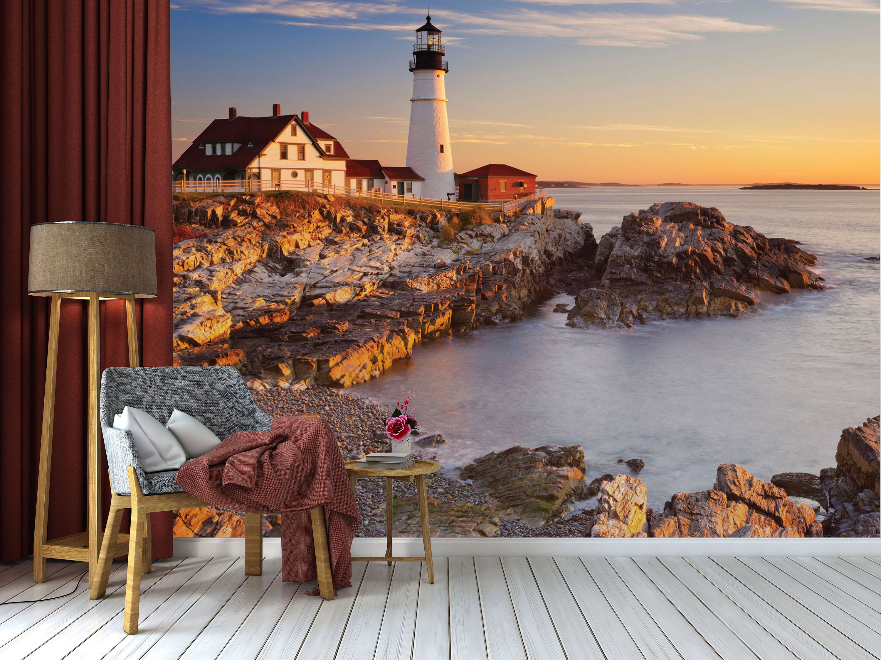 GM0140U Grace & Gardenia Lighthouse on Rocky Shore Unpasted Premium Matte Paper Mural 13ft. wide x 10ft. height, Blue Yellow Gray Red