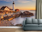 GM0140U Grace & Gardenia Lighthouse on Rocky Shore Unpasted Premium Matte Paper Mural 13ft. wide x 10ft. height, Blue Yellow Gray Red