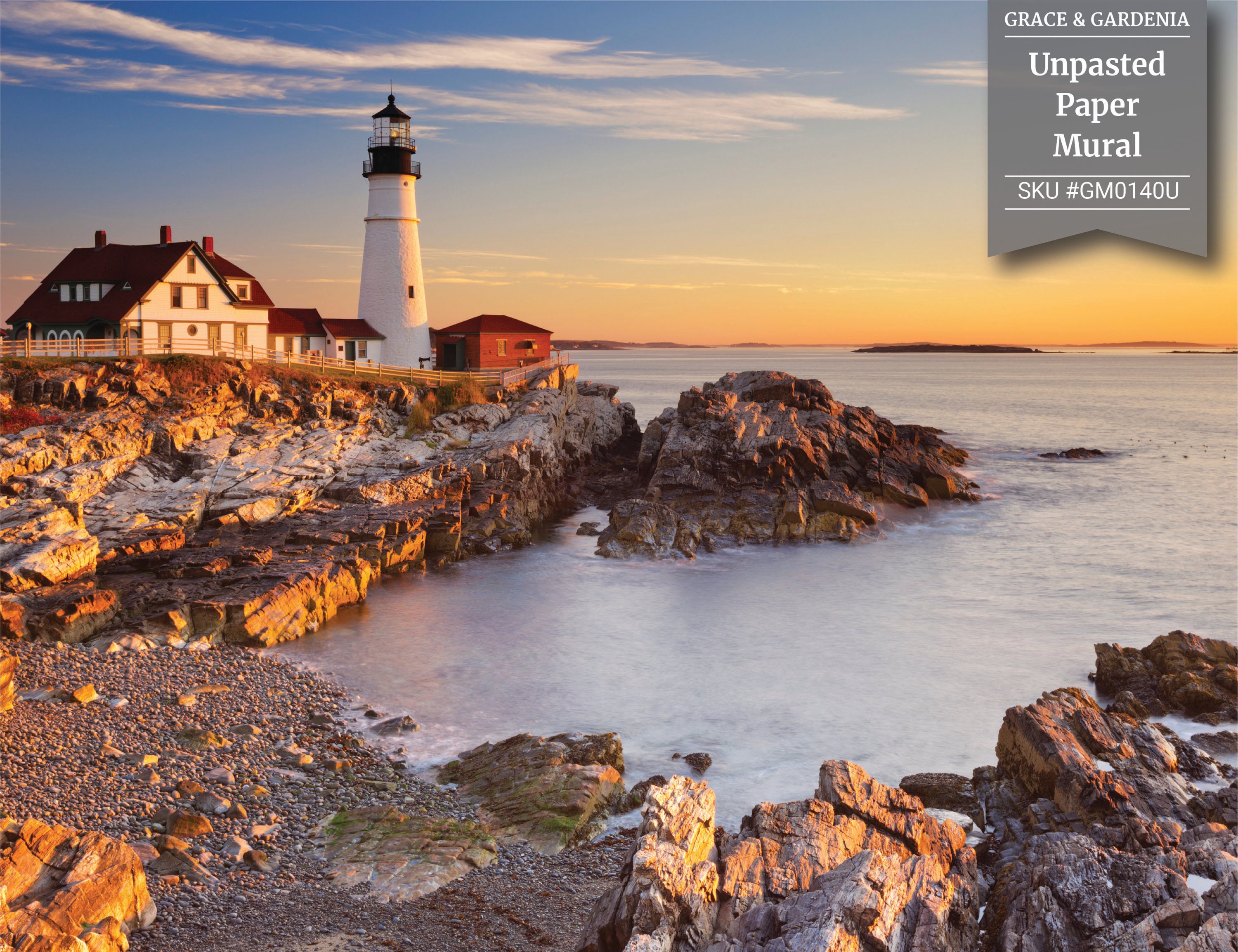 GM0140U Grace & Gardenia Lighthouse on Rocky Shore Unpasted Premium Matte Paper Mural 13ft. wide x 10ft. height, Blue Yellow Gray Red