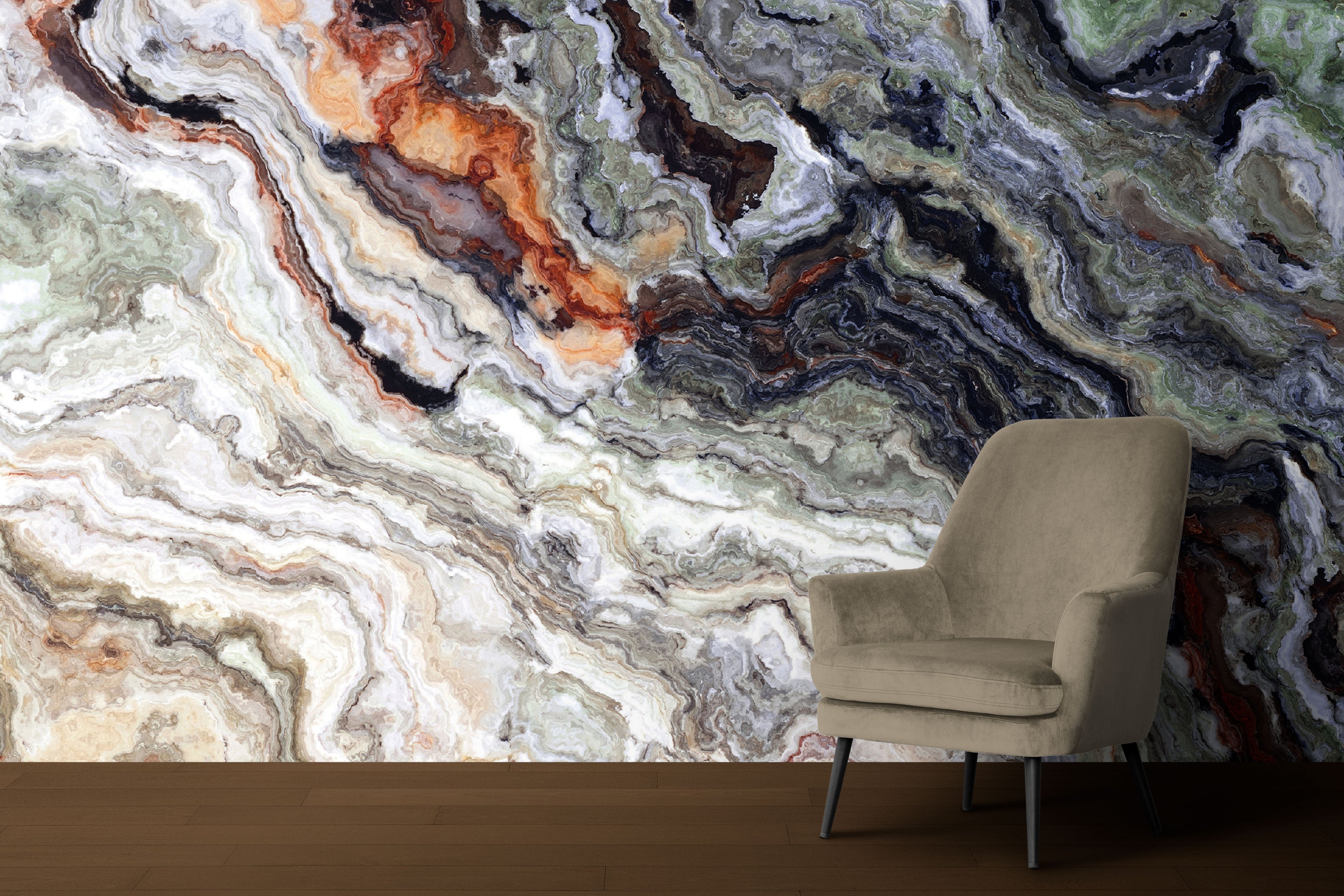 GM0150U Grace & Gardenia Multicolor Marble Unpasted Premium Matte Paper Mural 13ft. wide x 10ft. height, White Gray Orange Green