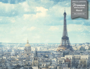 GM0160 Grace & Gardenia Paris in the Snow Premium Peel and Stick Mural 13ft. wide x 10ft. height, Blue Gray White