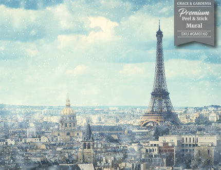 GM0160 Grace & Gardenia Paris in the Snow Premium Peel and Stick Mural 13ft. wide x 10ft. height, Blue Gray White