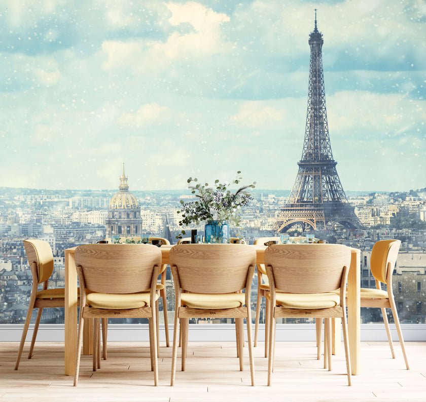 GM0160 Grace & Gardenia Paris in the Snow Premium Peel and Stick Mural 13ft. wide x 10ft. height, Blue Gray White