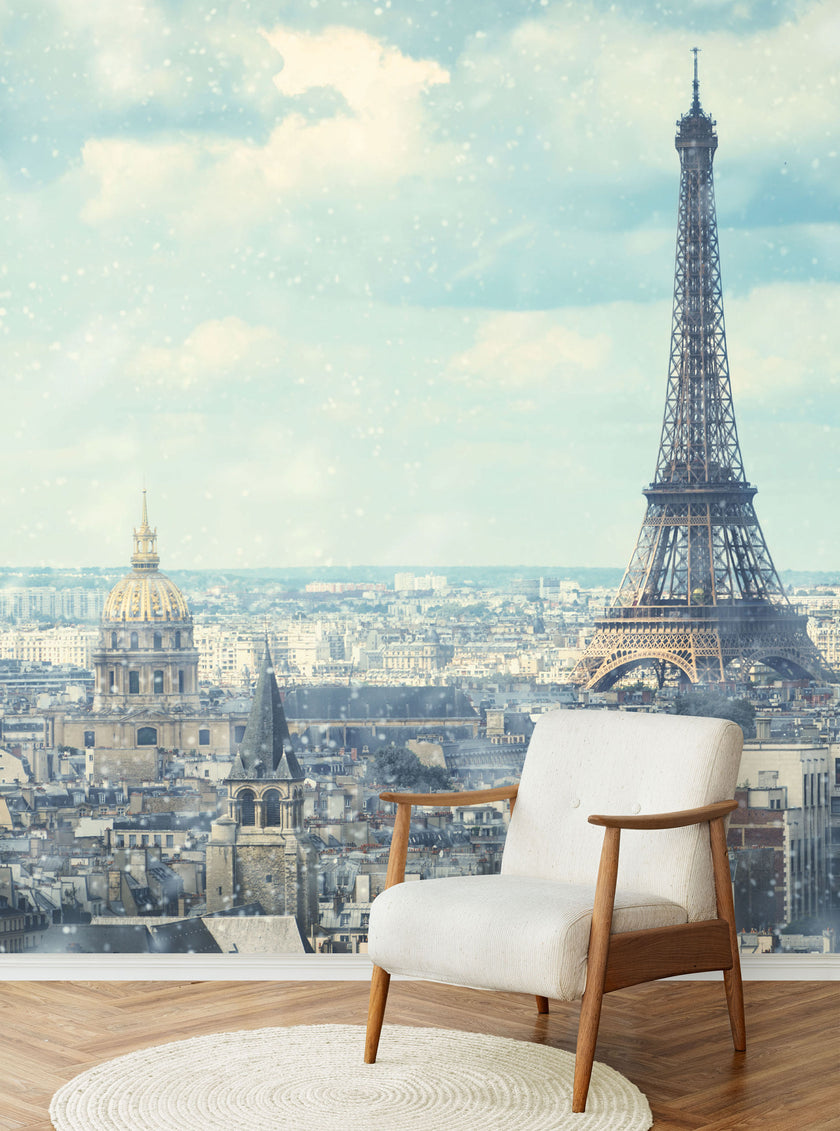 GM0160 Grace & Gardenia Paris in the Snow Premium Peel and Stick Mural 13ft. wide x 10ft. height, Blue Gray White