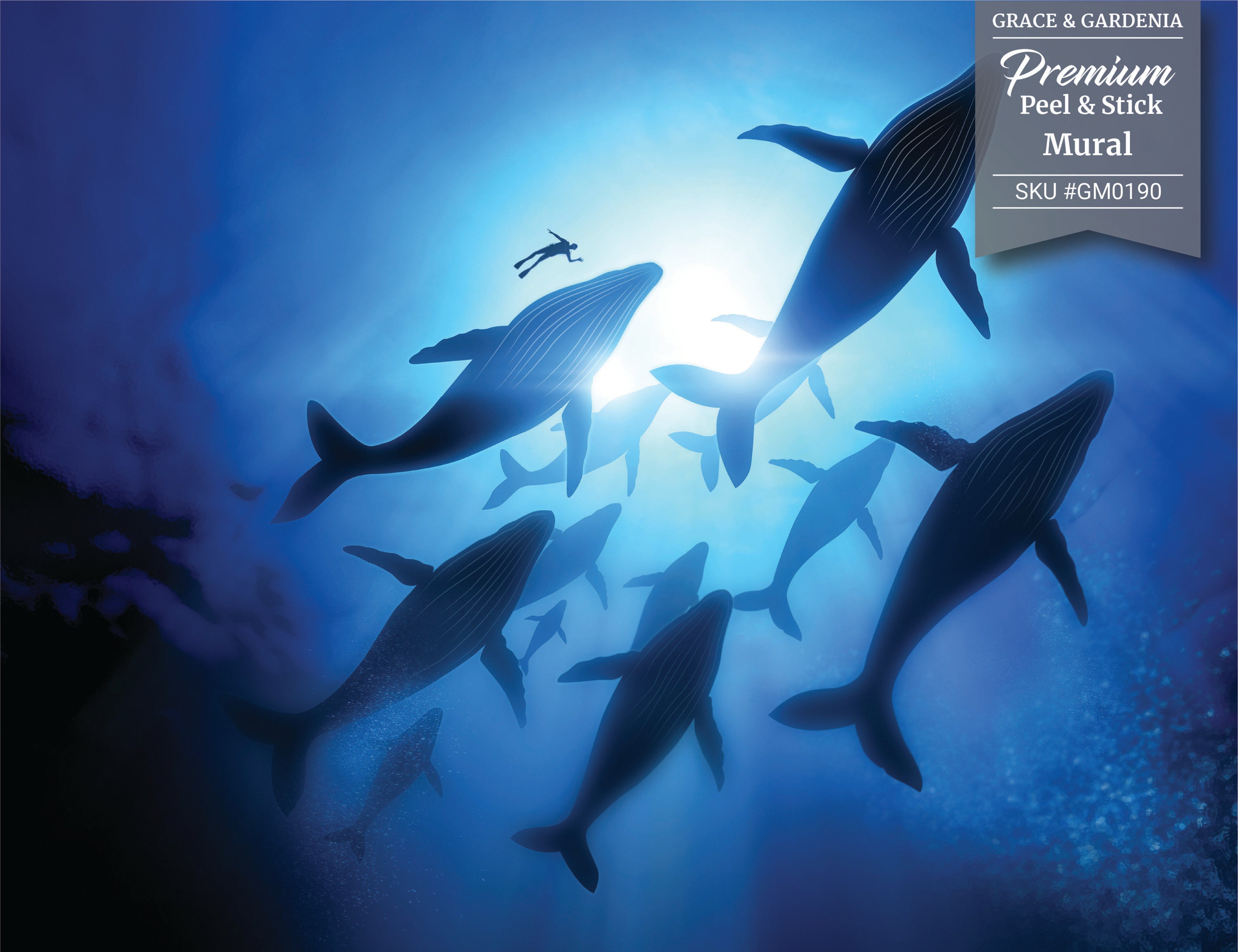 GM0190 Grace & Gardenia Whales with Diver Premium Peel and Stick Mural 13ft. wide x 10ft. height, Blue Black