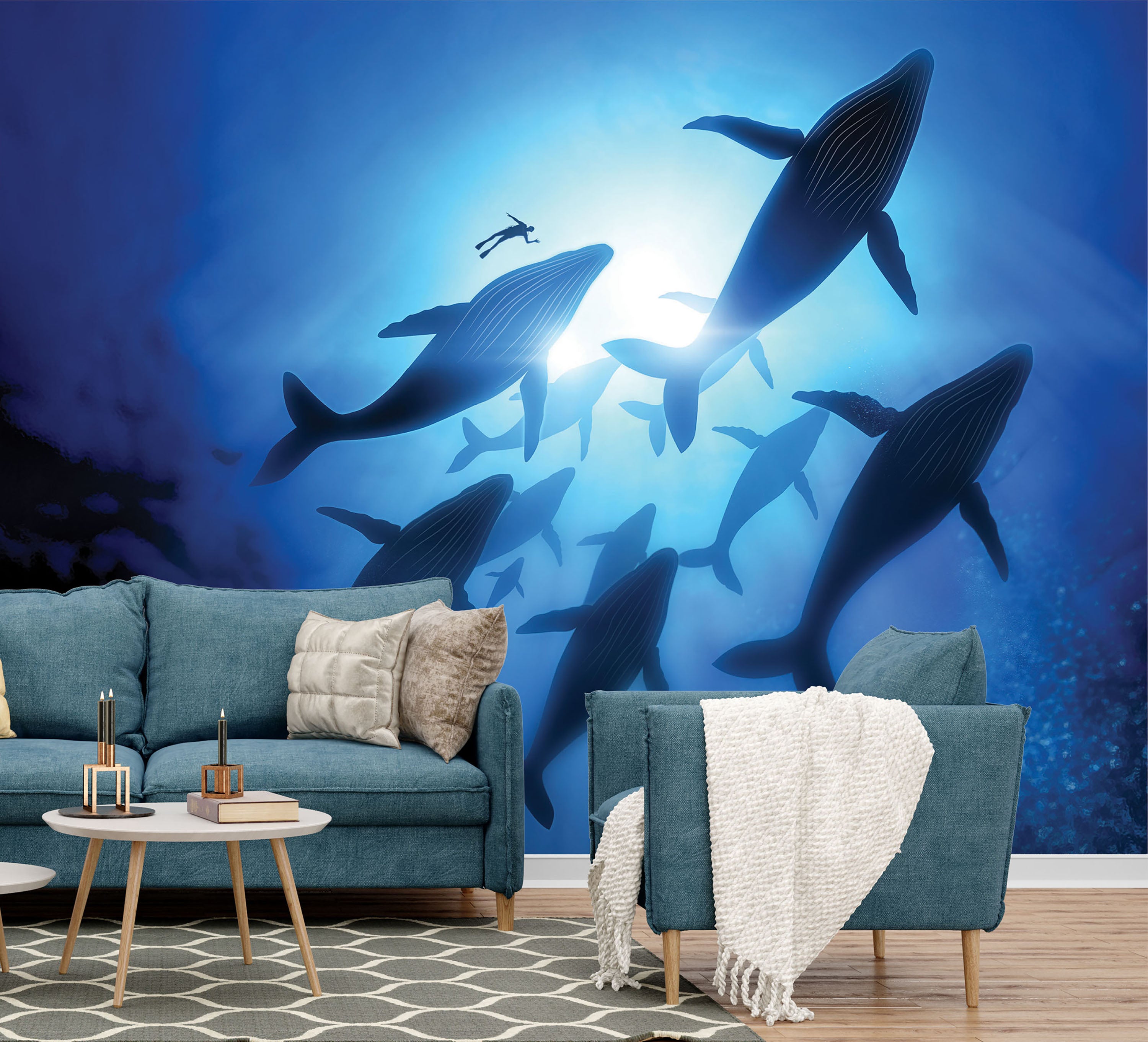 GM0190U Grace & Gardenia Whales with Diver Unpasted Premium Matte Paper Mural 13ft. wide x 10ft. height, Blue Black