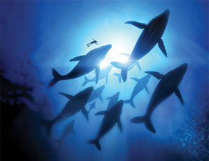 GM0190U Grace & Gardenia Whales with Diver Unpasted Premium Matte Paper Mural 13ft. wide x 10ft. height, Blue Black