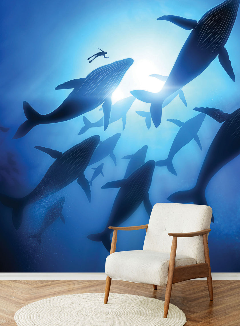 GM0190 Grace & Gardenia Whales with Diver Premium Peel and Stick Mural 13ft. wide x 10ft. height, Blue Black