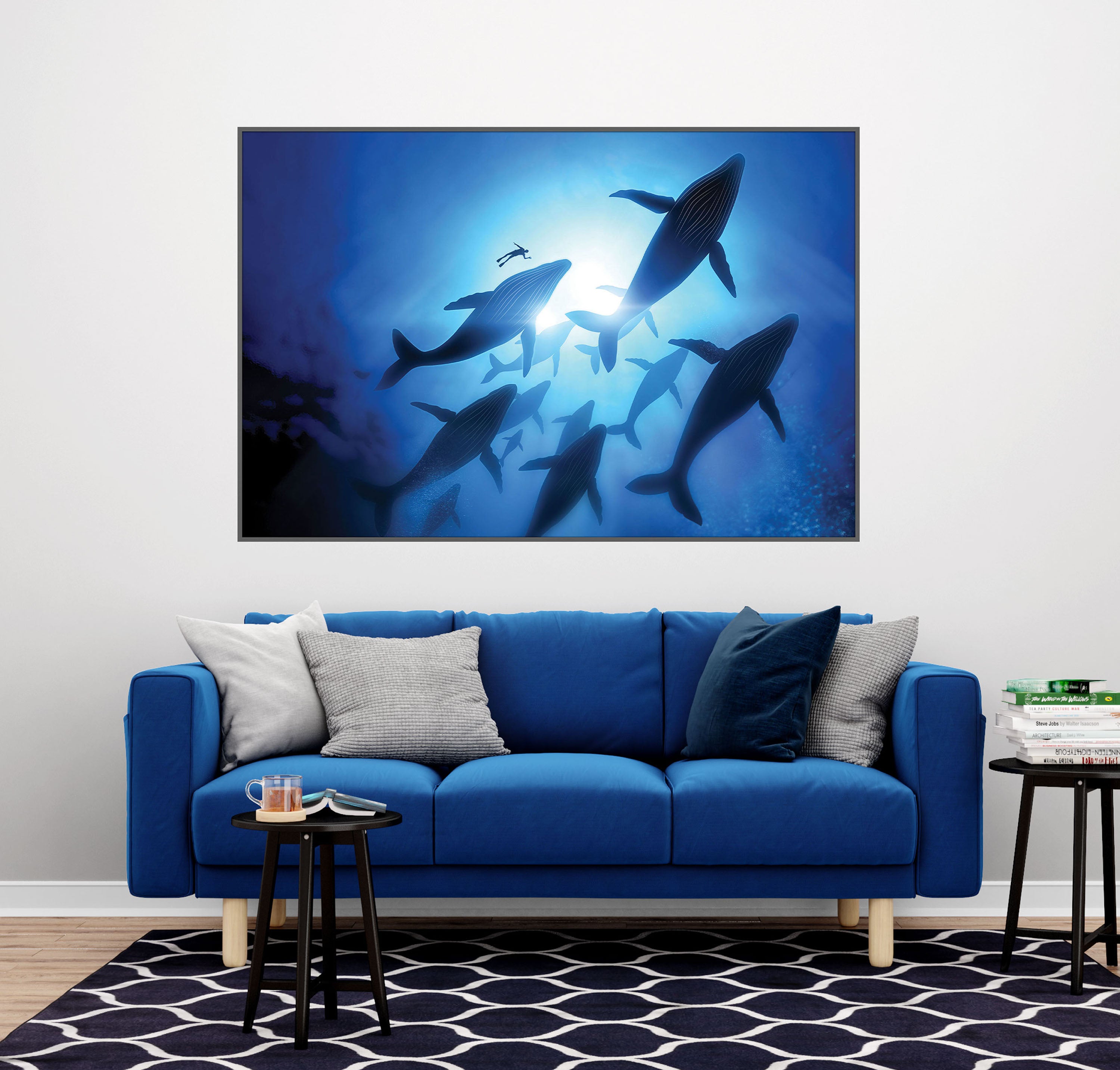 GM019F Grace & Gardenia Whales with Diver Premium Peel and Stick Mural 69 inch wide x 46 inch height Blue Black