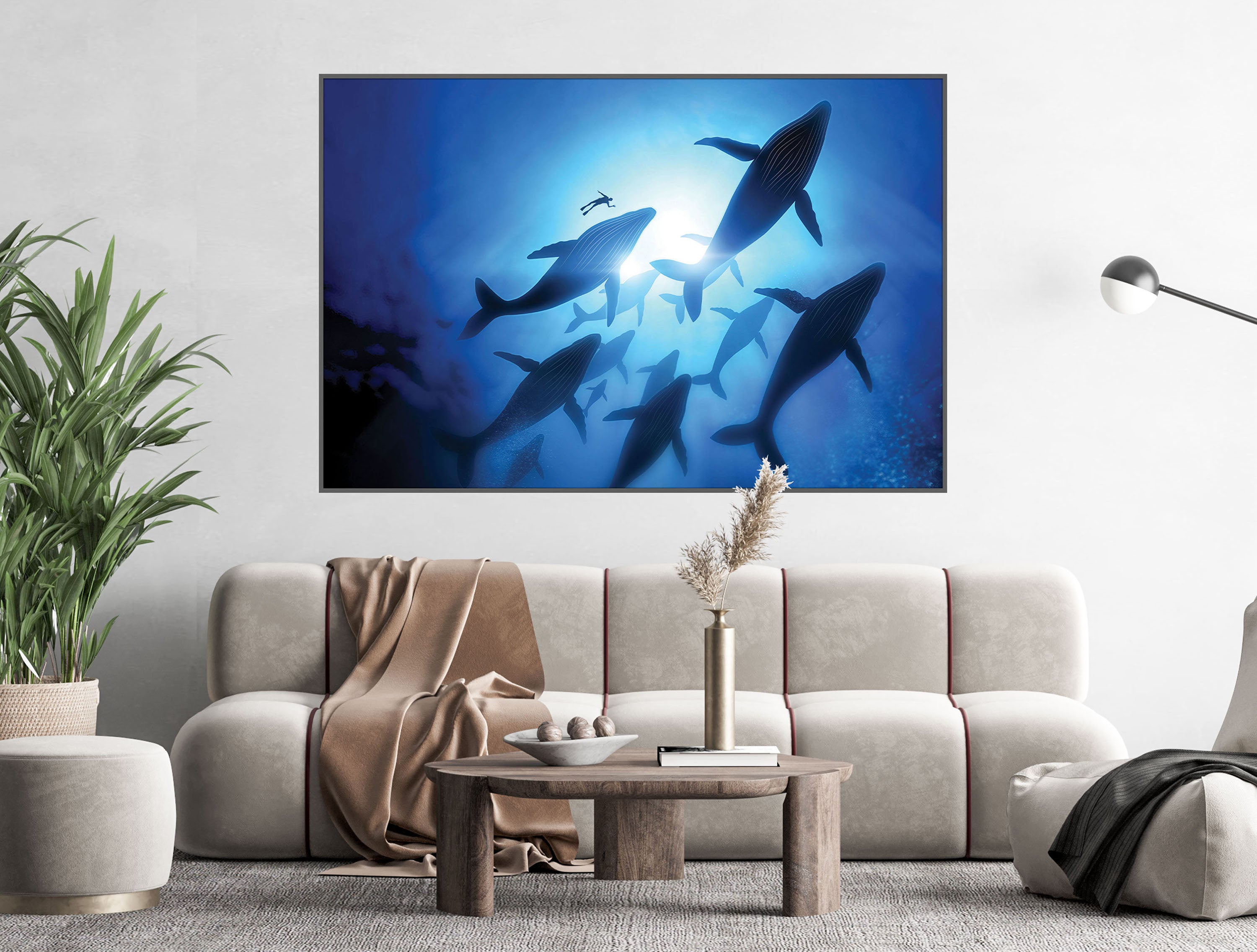 GM019F Grace & Gardenia Whales with Diver Premium Peel and Stick Mural 69 inch wide x 46 inch height Blue Black