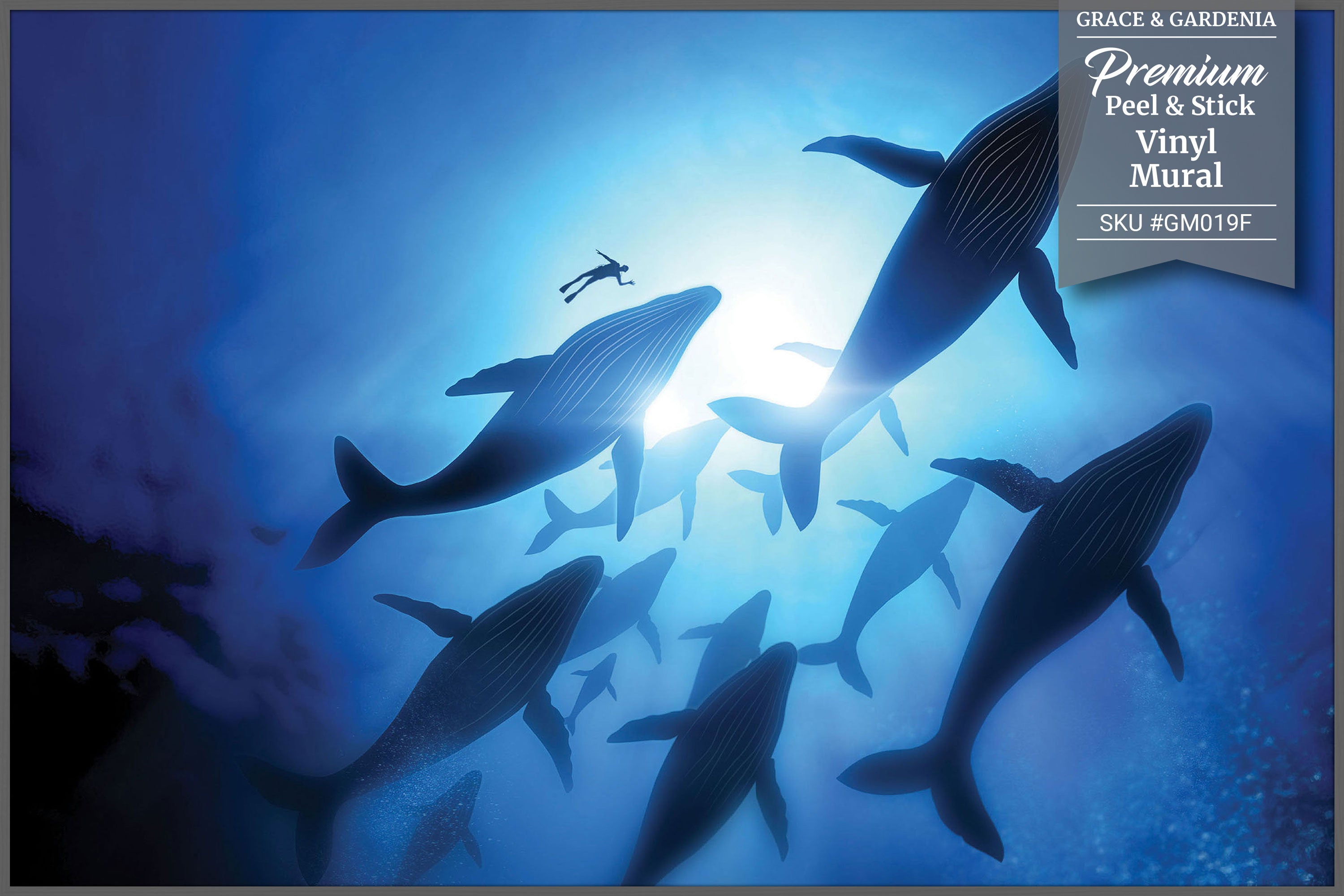 GM019F Grace & Gardenia Whales with Diver Premium Peel and Stick Mural 69 inch wide x 46 inch height Blue Black