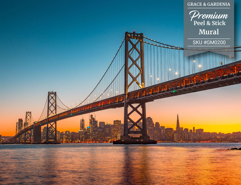 GM0200 Grace & Gardenia Bay Bridge at Sunset Premium Peel and Stick Mural 156in wide x 112in height, Orange Yellow Blue