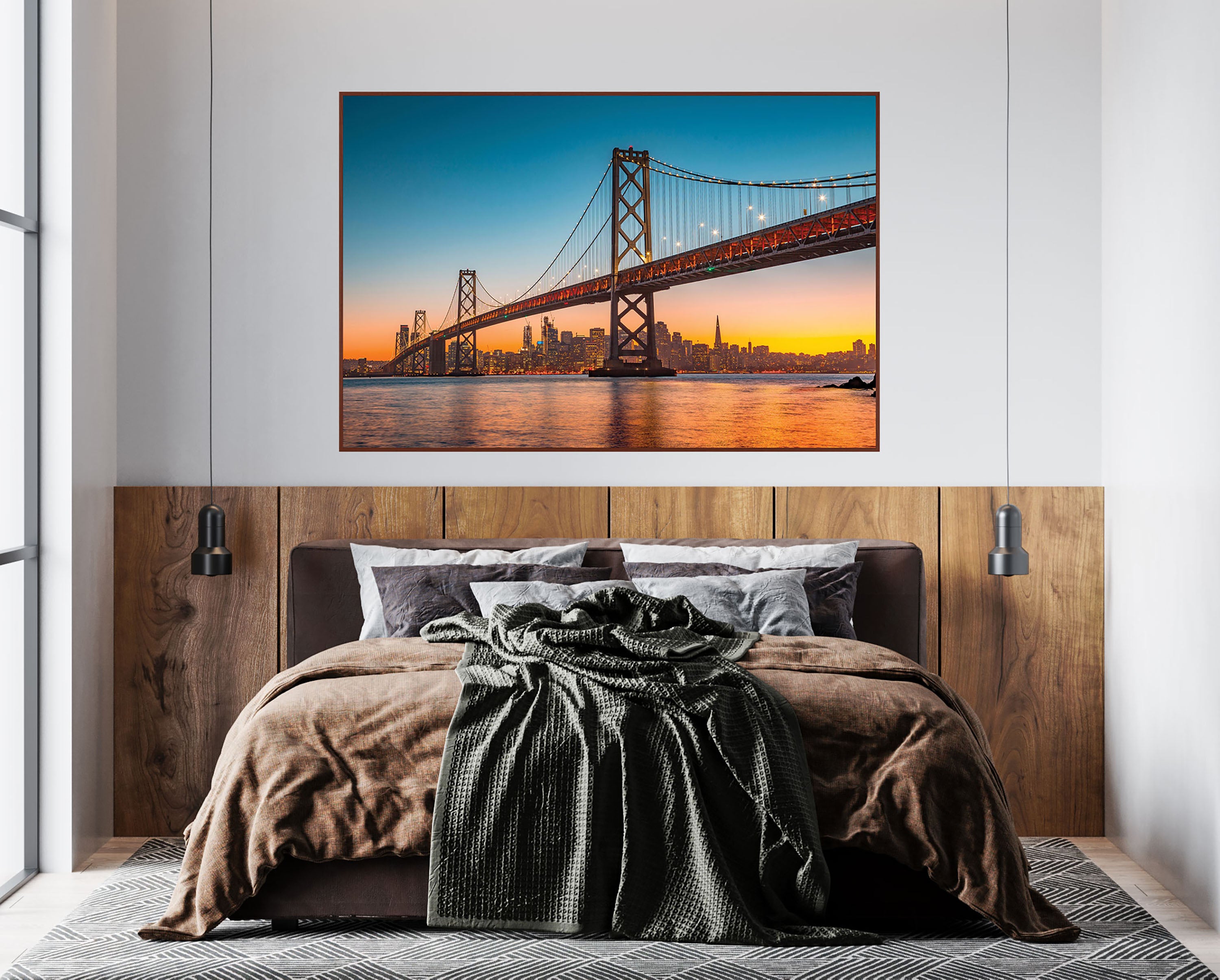 GM020F Grace & Gardenia Bay Bridge at Sunset Premium Peel and Stick Mural 69 inch wide x 46 inch height Blue Orange Yellow