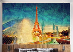 GM0220 Grace & Gardenia Eiffel Tower and Fountains Premium Peel and Stick Mural 156in wide x 112in height, Blue Orange Green Yellow