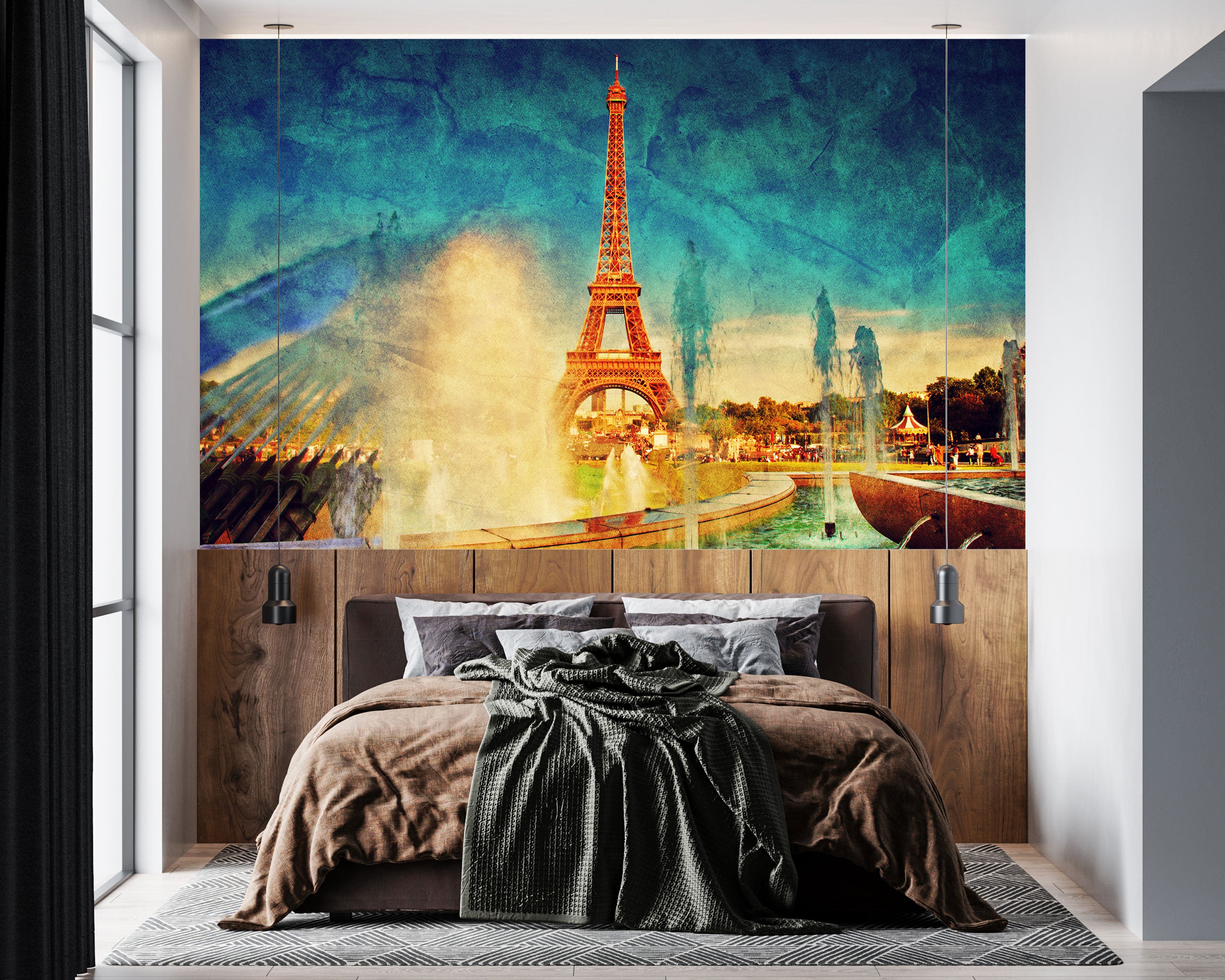 GM0220 Grace & Gardenia Eiffel Tower and Fountains Premium Peel and Stick Mural 156in wide x 112in height, Blue Orange Green Yellow