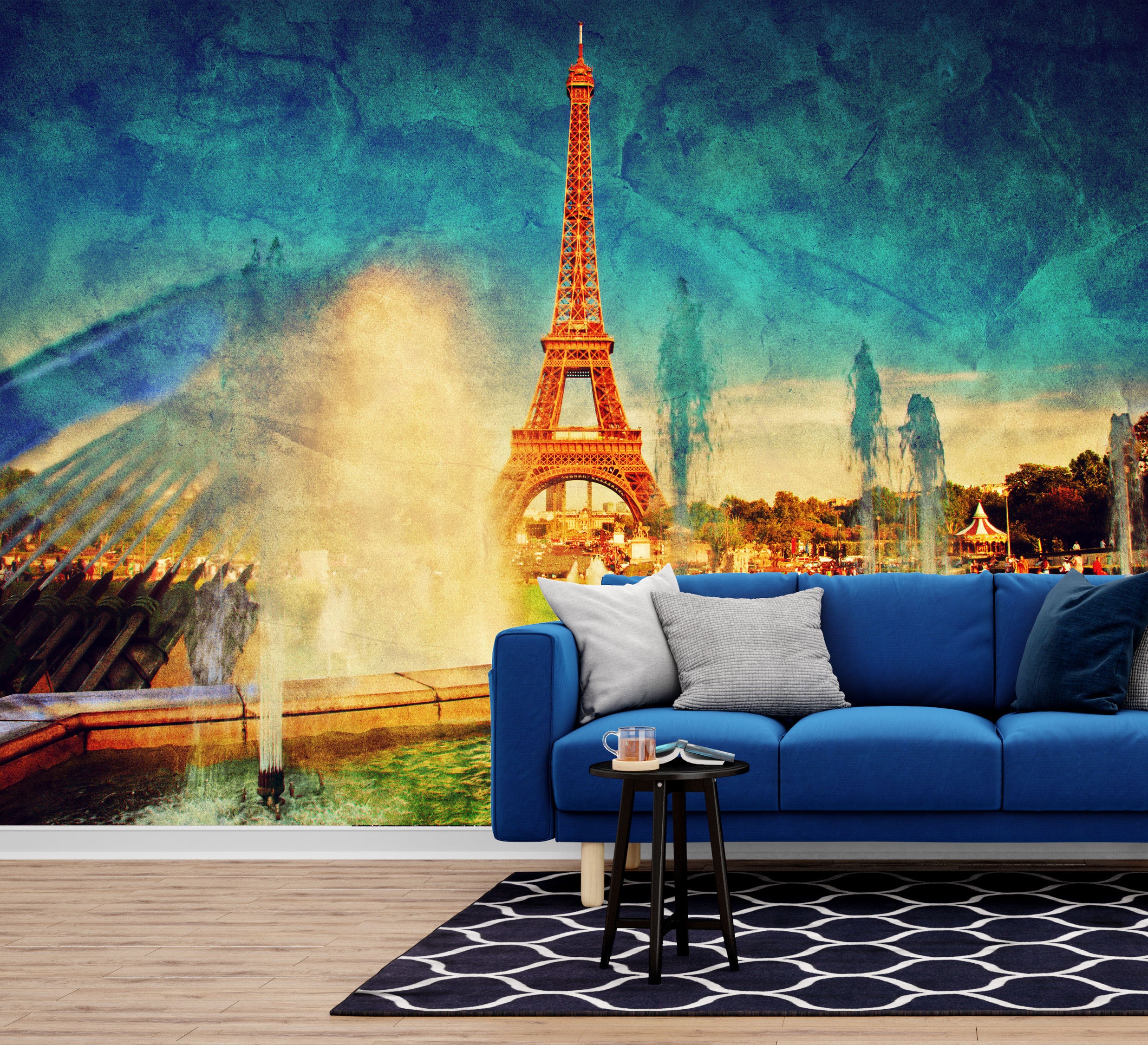 GM0220 Grace & Gardenia Eiffel Tower and Fountains Premium Peel and Stick Mural 156in wide x 112in height, Blue Orange Green Yellow