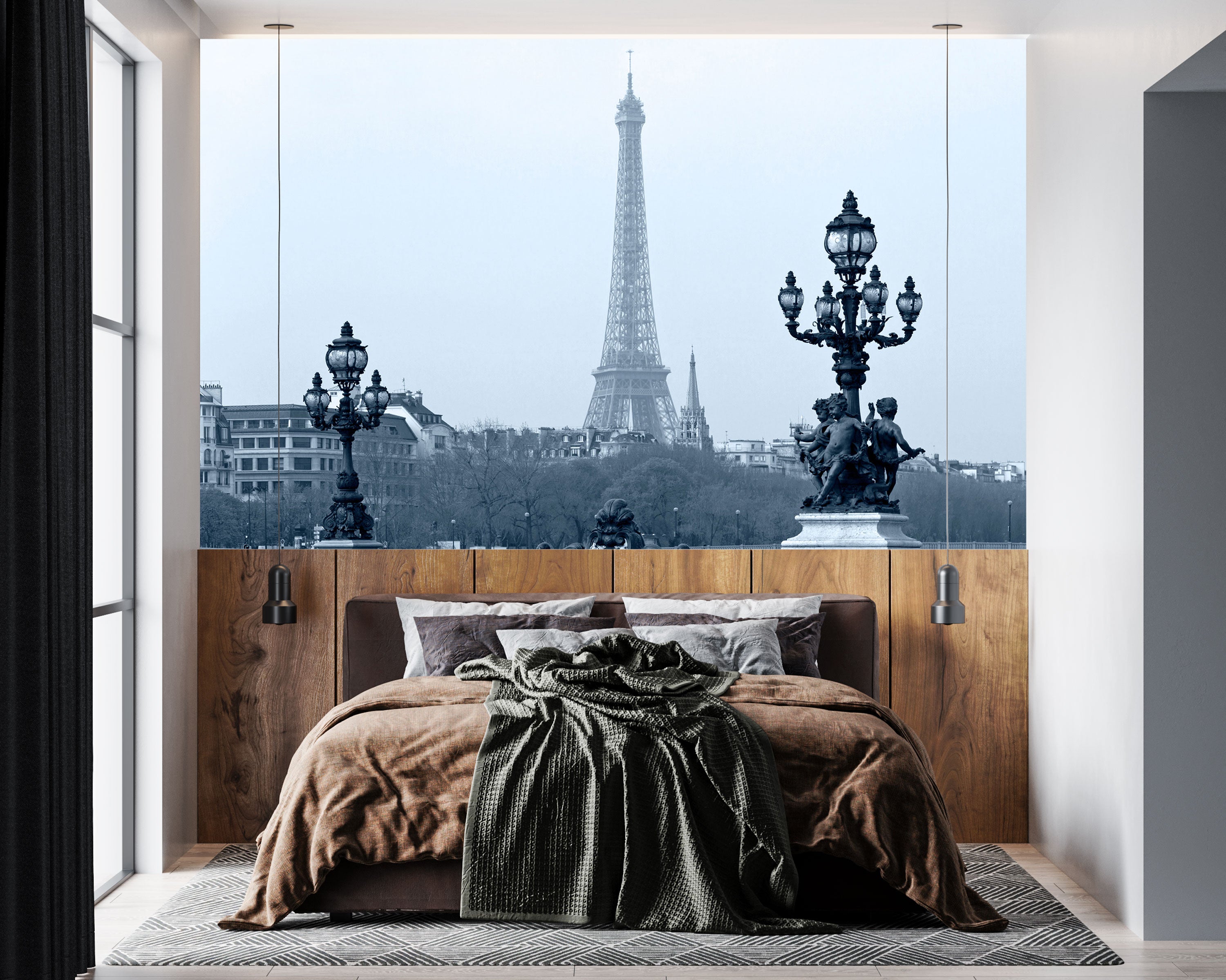 GM0230 Grace & Gardenia Eiffel Tower in Black and White Premium Peel and Stick Mural 156in wide x 112in height. height, Black White Gray