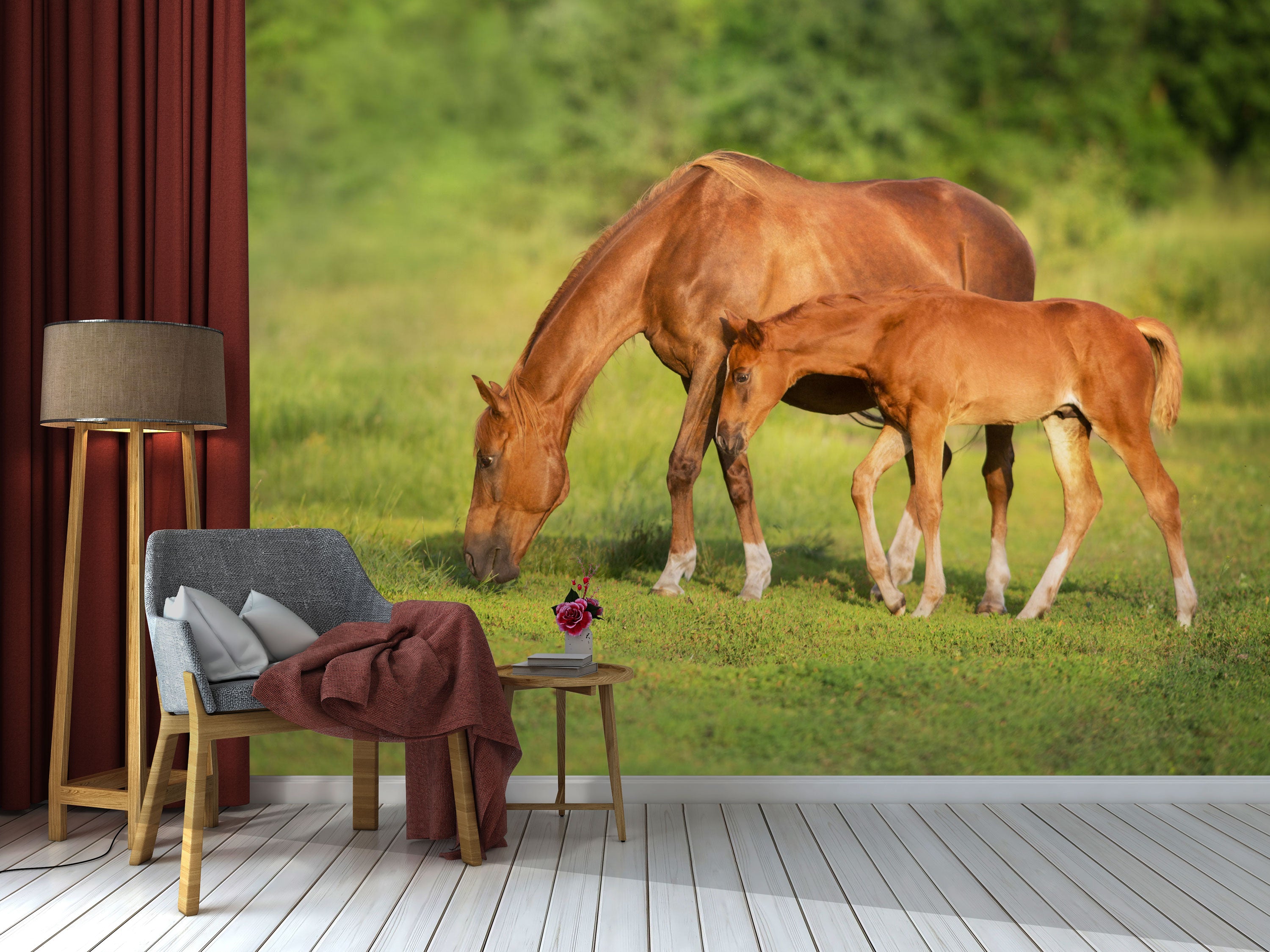 GM0250 Grace & Gardenia Horses Premium Peel and Stick Mural 156in wide x 112in height, Green Brown