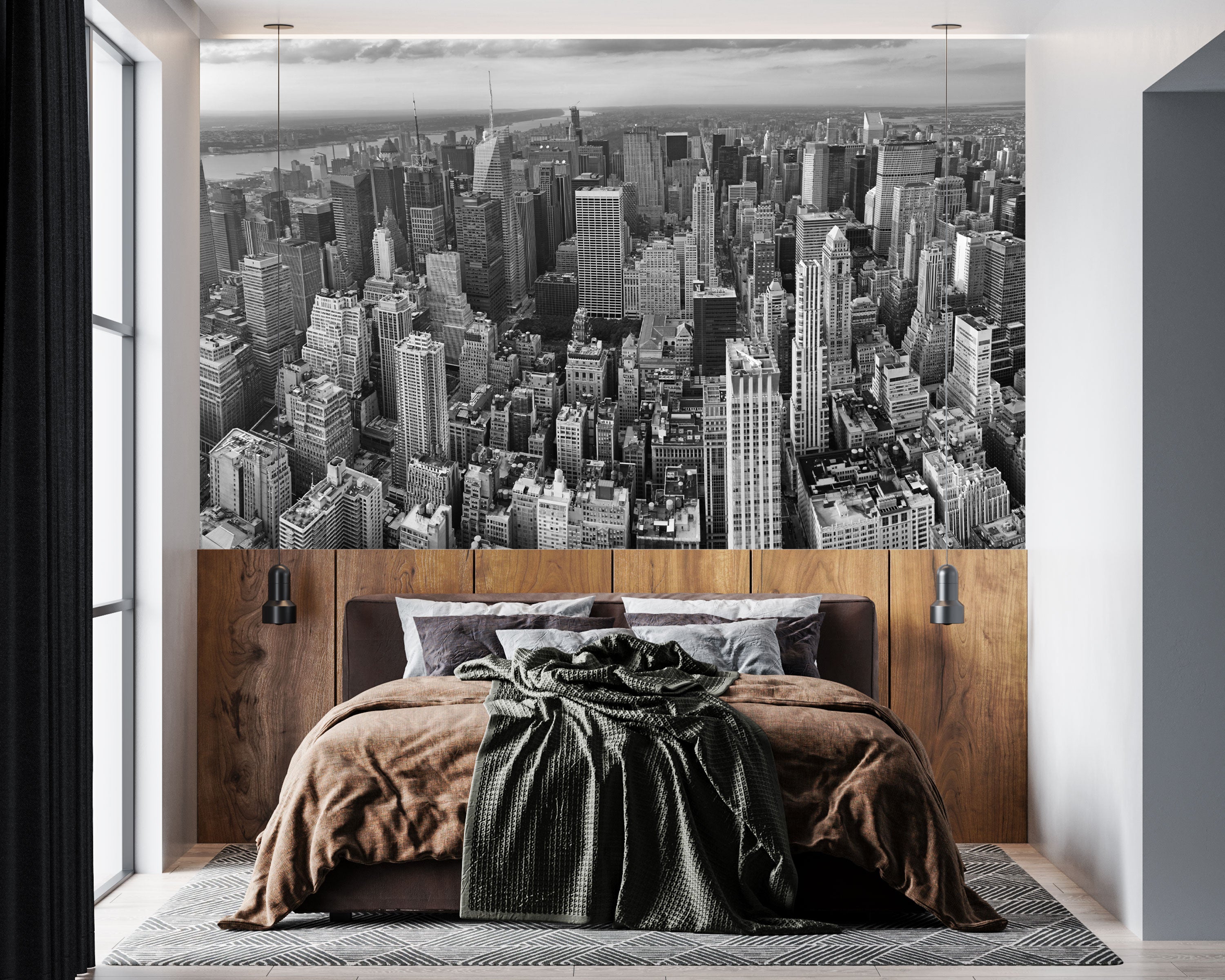 GM0270 Grace & Gardenia New York City Aerial Premium Peel and Stick Mural 156in wide x 112in height, Black White Gray