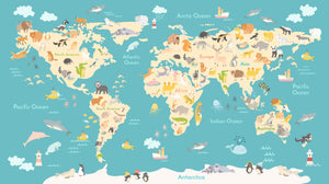 GM0280 Grace & Gardenia World Map with Animals Premium Peel and Stick Mural 206in wide x 112in height, Blue Beige Orange