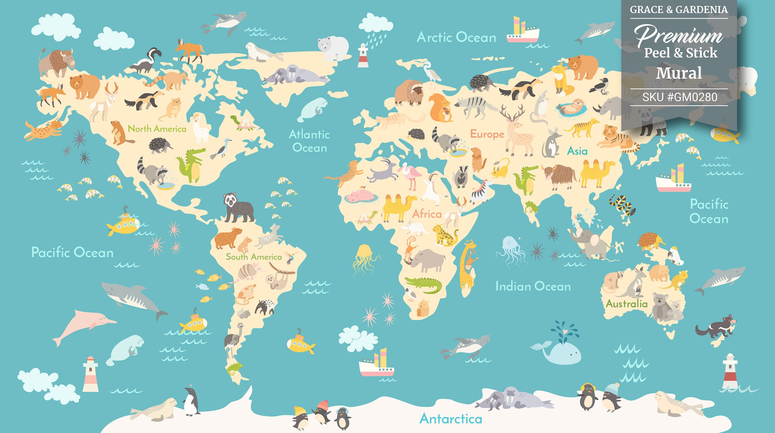 GM0280 Grace & Gardenia World Map with Animals Premium Peel and Stick Mural 206in wide x 112in height, Blue Beige Orange