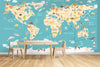 GM0280 Grace & Gardenia World Map with Animals Premium Peel and Stick Mural 206in wide x 112in height, Blue Beige Orange