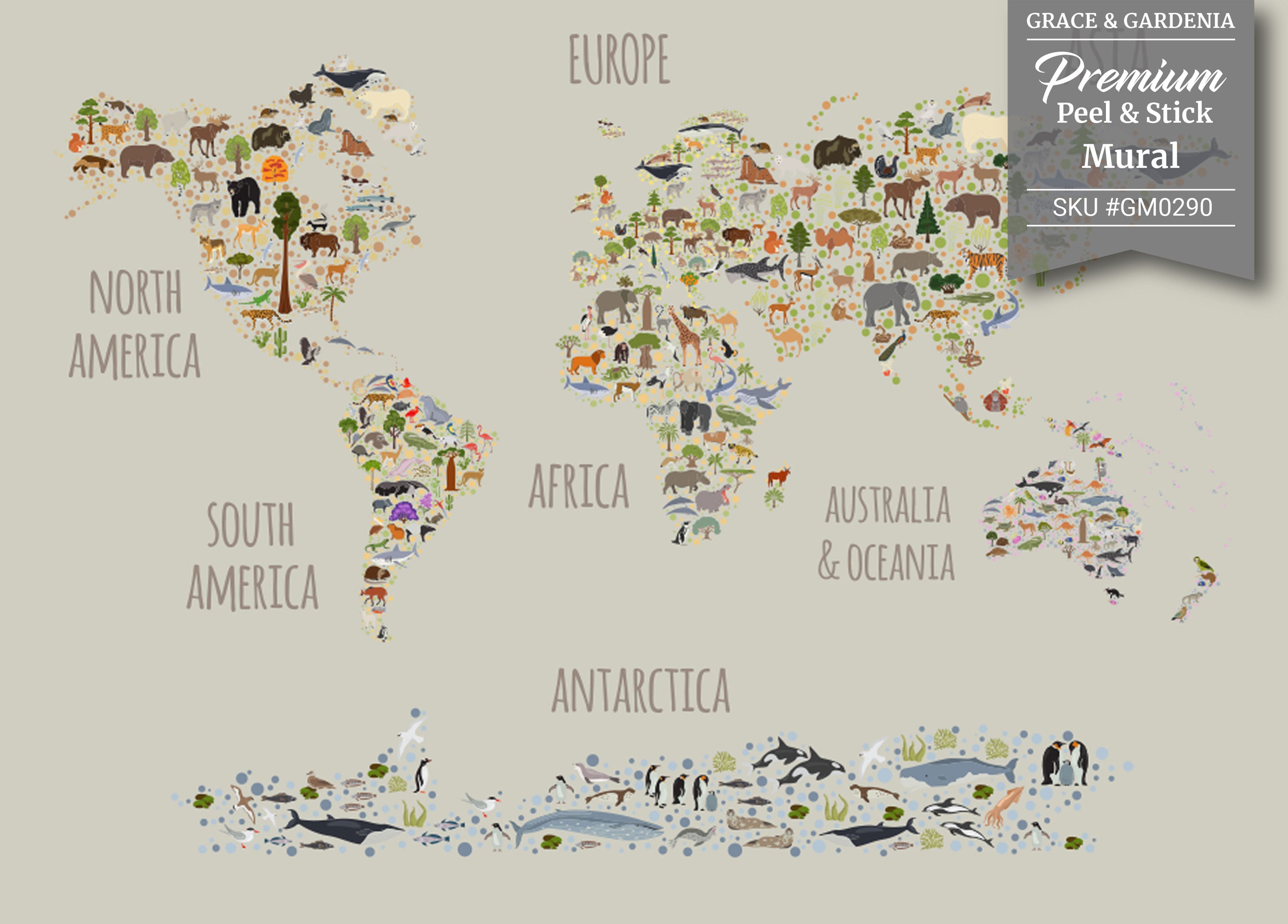 GM0290 Grace & Gardenia Wildlife World Map Premium Peel and Stick Mural 156in wide x 112in height, Gray Green Orange