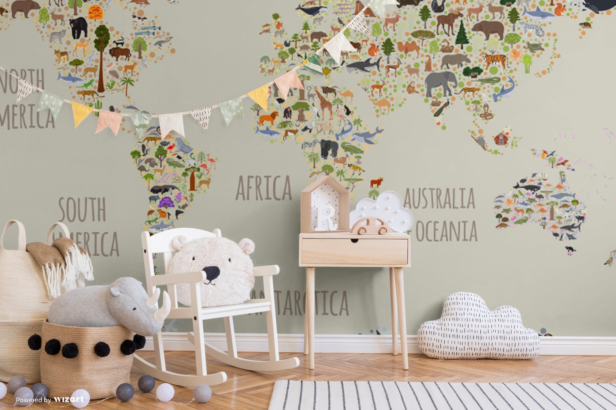 GM0290 Grace & Gardenia Wildlife World Map Premium Peel and Stick Mural 156in wide x 112in height, Gray Green Orange