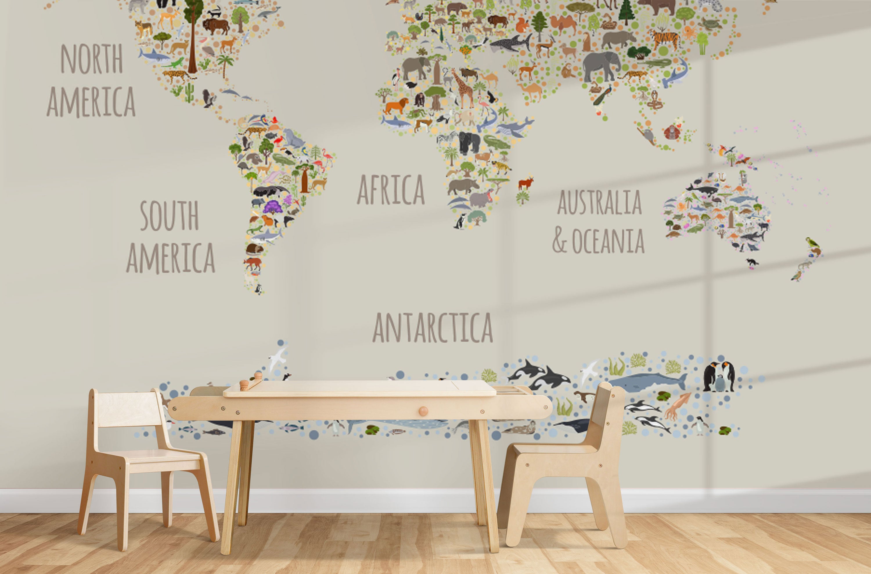 GM0290 Grace & Gardenia Wildlife World Map Premium Peel and Stick Mural 156in wide x 112in height, Gray Green Orange