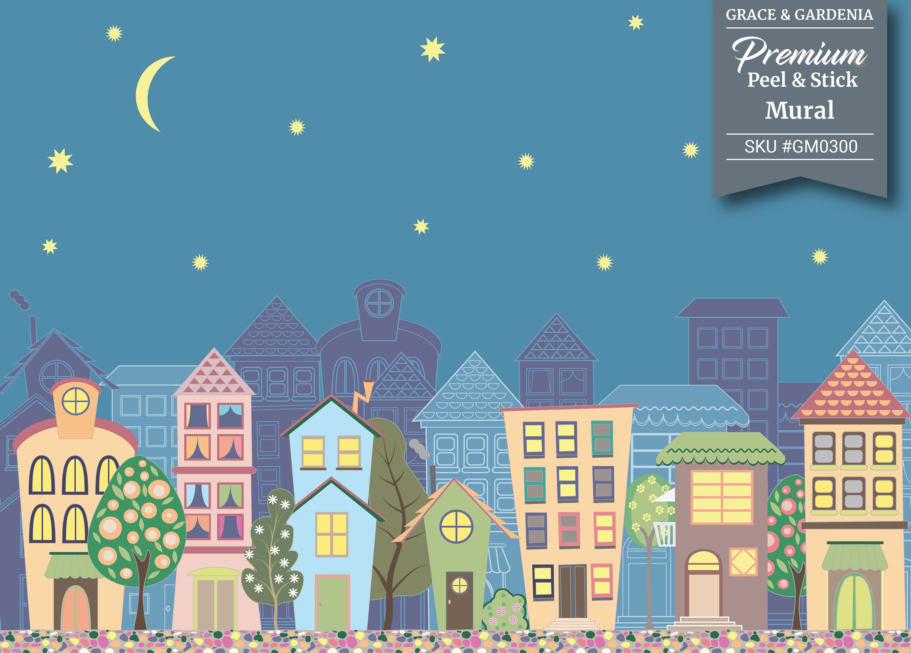 GM0300 Grace & Gardenia Cartoon Skyline at Night Premium Peel and Stick Mural 156in wide x 112in height, Blue Purple Yellow