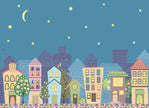 GM0300 Grace & Gardenia Cartoon Skyline at Night Premium Peel and Stick Mural 156in wide x 112in height, Blue Purple Yellow