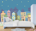 GM0300 Grace & Gardenia Cartoon Skyline at Night Premium Peel and Stick Mural 156in wide x 112in height, Blue Purple Yellow