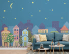 GM0300 Grace & Gardenia Cartoon Skyline at Night Premium Peel and Stick Mural 156in wide x 112in height, Blue Purple Yellow