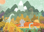 GM0310 Grace & Gardenia Cartoon Dinosaur Landscape Premium Peel and Stick Mural 156in wide x 112in height, Green Orange Tan