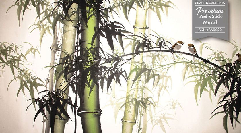 GM0320 Grace & Gardenia Bamboo and Birds Premium Peel and Stick Mural 206in wide x 112in height, Green Yellow Black