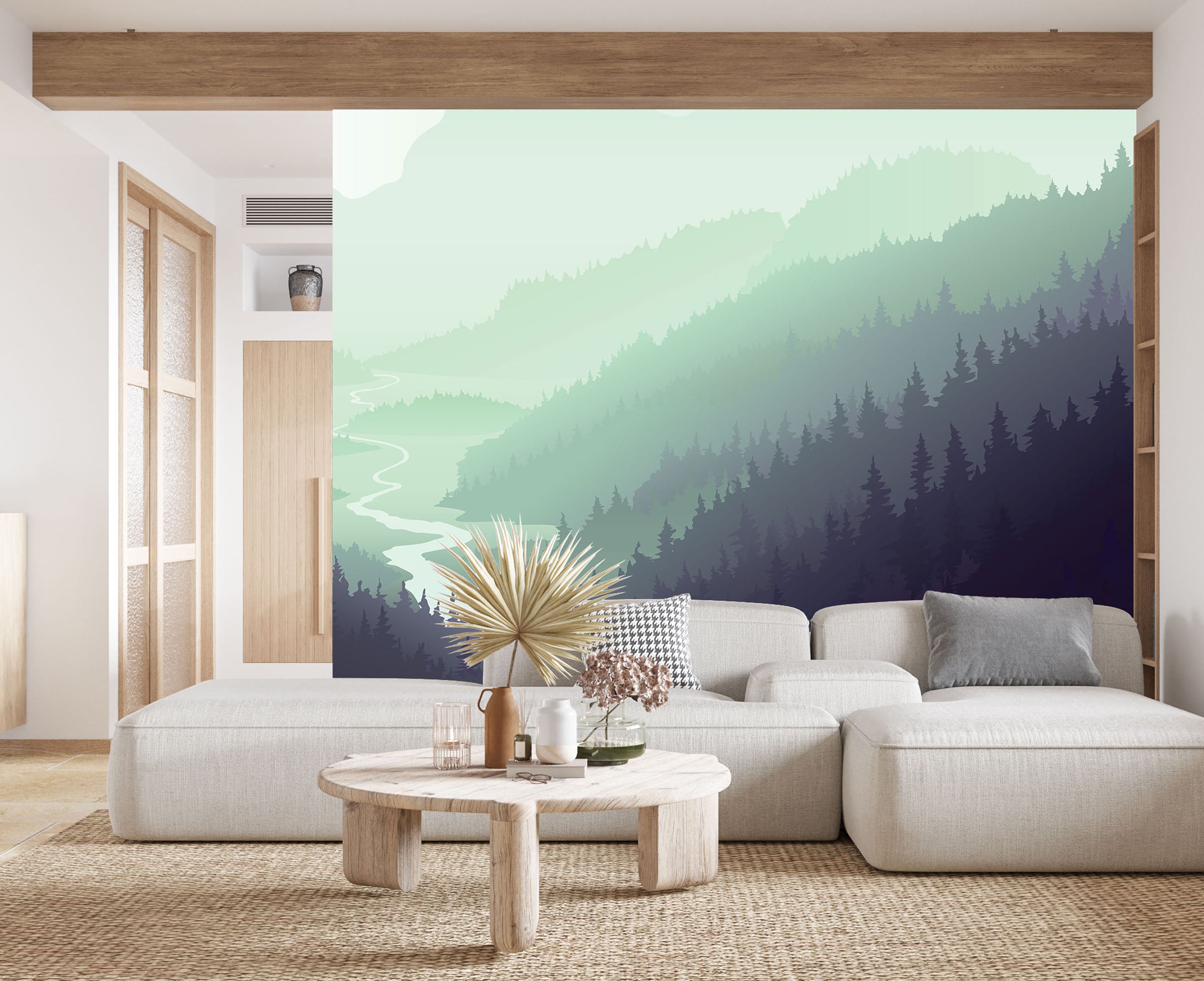 GM0340 Grace & Gardenia Foggy Valley Premium Peel and Stick Mural 156in wide x 112in height, Green