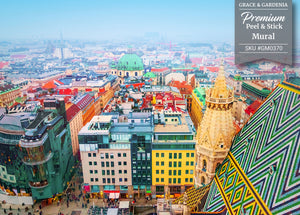 GM0370 Grace & Gardenia Vienna Austria Premium Peel and Stick Mural 156in wide x 112in height, Green Yellow Red Blue