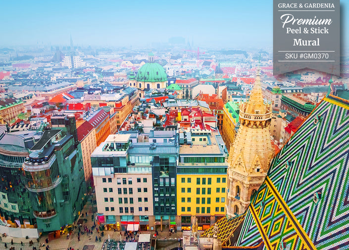 GM0370 Grace & Gardenia Vienna Austria Premium Peel and Stick Mural 156in wide x 112in height, Green Yellow Red Blue