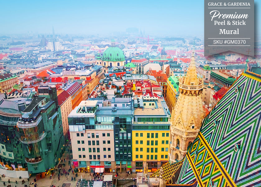 GM0370 Grace & Gardenia Vienna Austria Premium Peel and Stick Mural 156in wide x 112in height, Green Yellow Red Blue