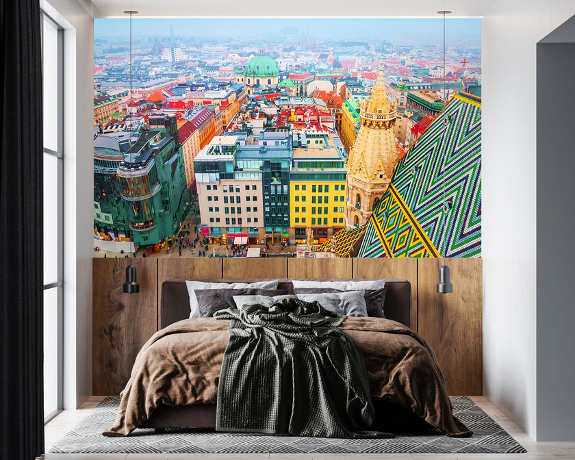 GM0370 Grace & Gardenia Vienna Austria Premium Peel and Stick Mural 156in wide x 112in height, Green Yellow Red Blue