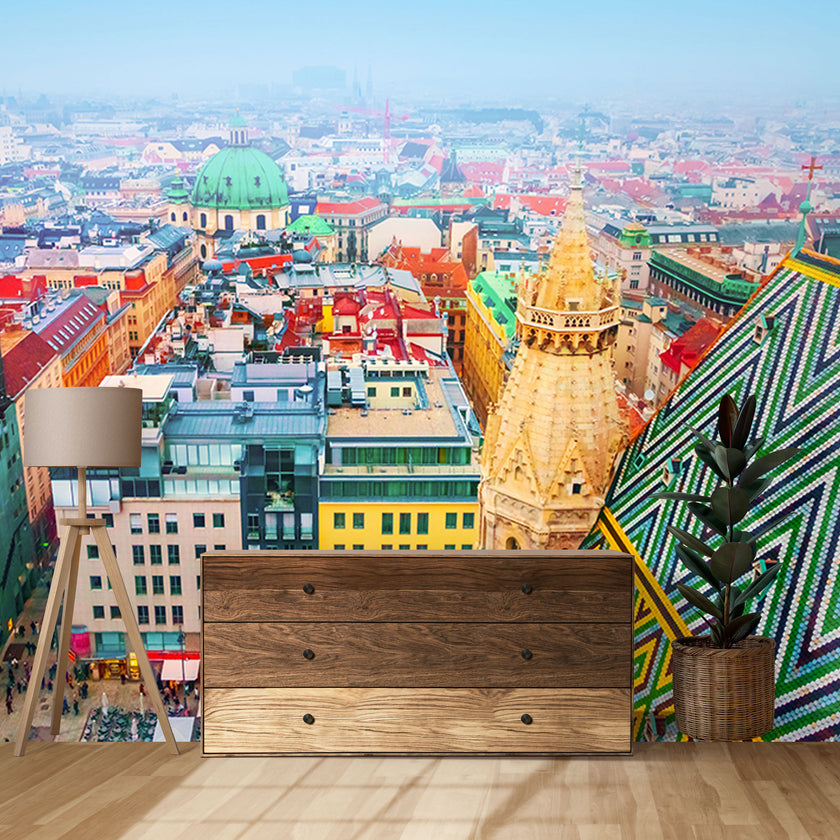 GM0370 Grace & Gardenia Vienna Austria Premium Peel and Stick Mural 156in wide x 112in height, Green Yellow Red Blue