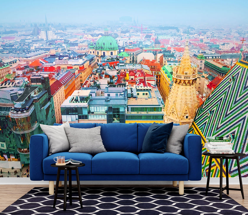 GM0370 Grace & Gardenia Vienna Austria Premium Peel and Stick Mural 156in wide x 112in height, Green Yellow Red Blue