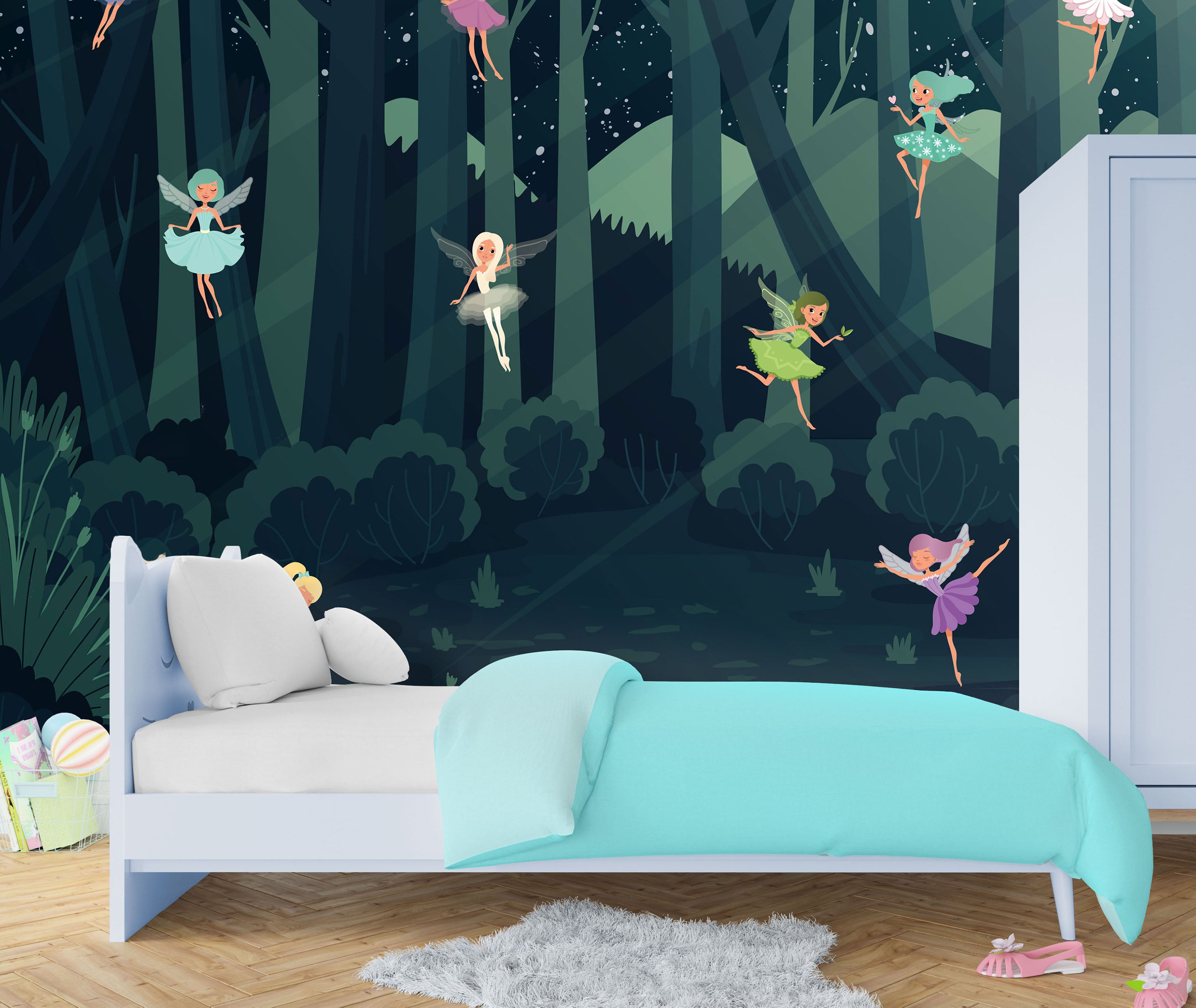 GM0390 Grace & Gardenia Night Forest Fairies Premium Peel and Stick Mural 156in wide x 112in height, Green Pink Yellow