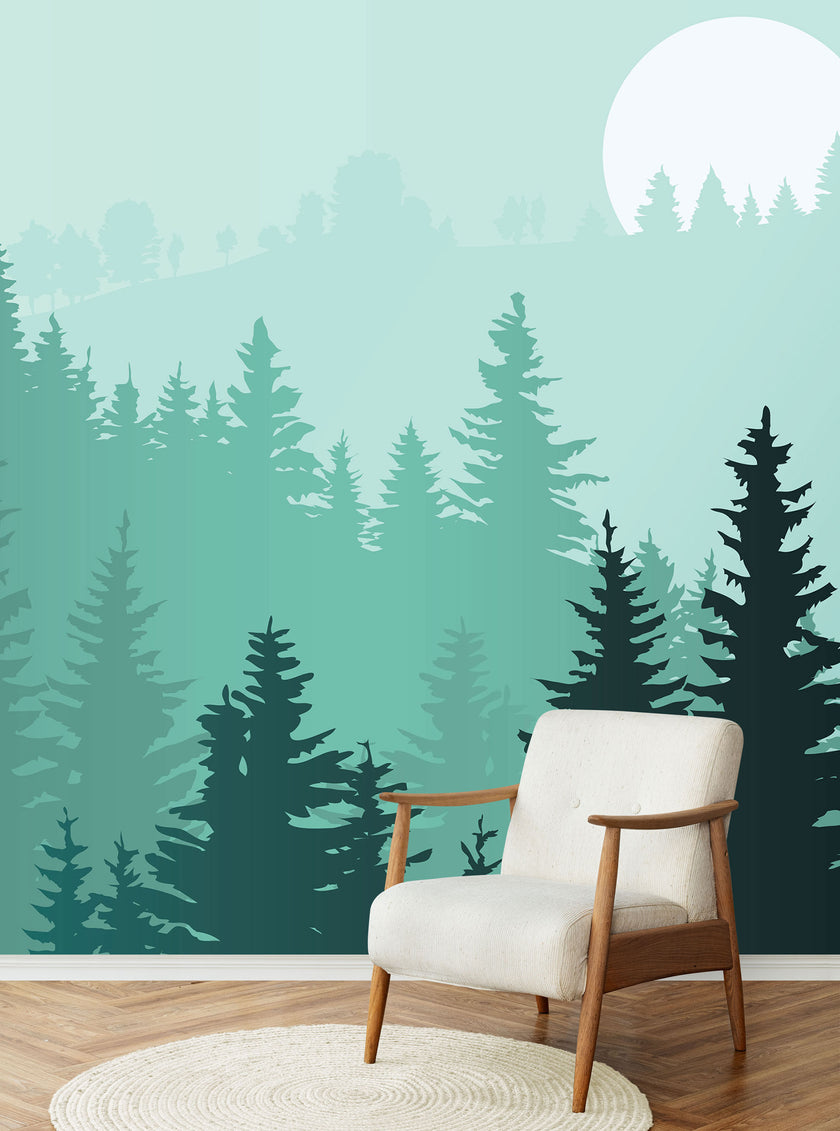 GM0400 Grace & Gardenia Foggy Pines  Premium Peel and Stick Mural 156in wide x 112in height, Green White