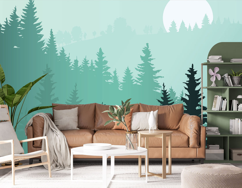 GM0400 Grace & Gardenia Foggy Pines  Premium Peel and Stick Mural 156in wide x 112in height, Green White