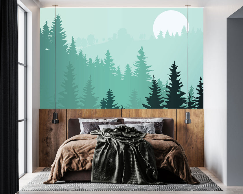 GM0400 Grace & Gardenia Foggy Pines  Premium Peel and Stick Mural 156in wide x 112in height, Green White