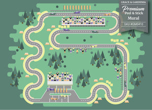 GM0410 Grace & Gardenia Race Car Track Premium Peel and Stick Mural 156in wide x 112in height, Green Gray Yellow