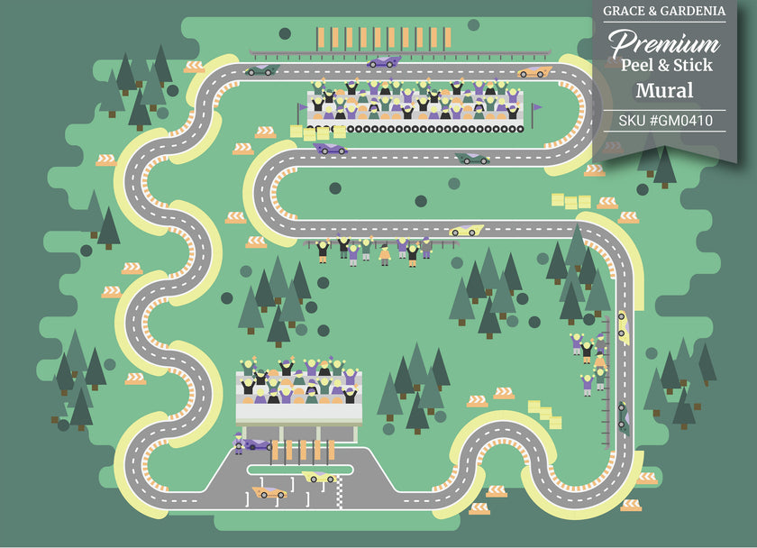 GM0410 Grace & Gardenia Race Car Track Premium Peel and Stick Mural 156in wide x 112in height, Green Gray Yellow